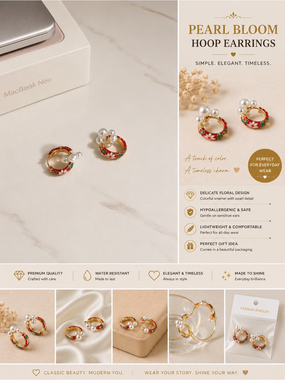 Pearl Bloom Red Floral Hoop Earrings by